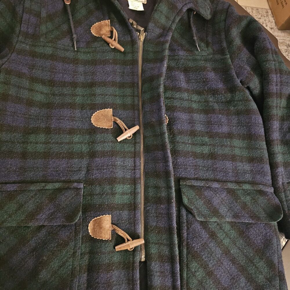 LL Bean Wool Duffle Coat Toggle Hooded Vintage Chore Navy Plaid USA Mens Tall L - Picture 4 of 7